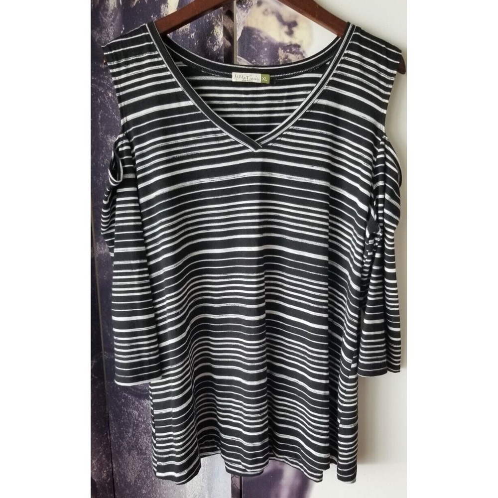 Chalet Et Cici  Cold Shoulder‎ Black White Striped V Neck Stretch Knit Tunic XL